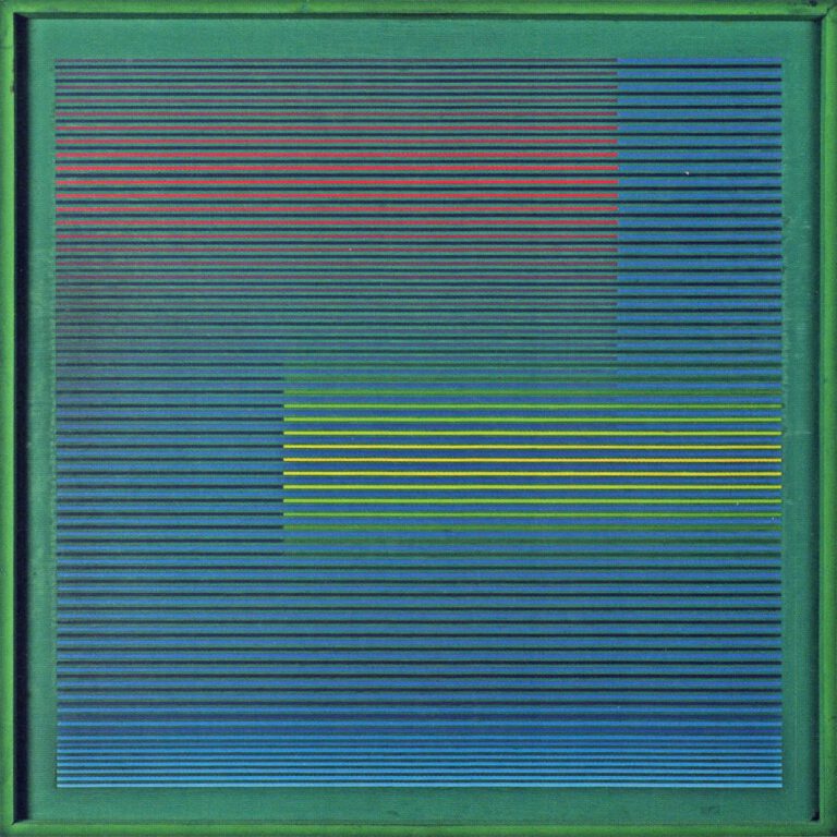 Bernhard Sandfort -- "Blau, Rot und Gelb aus grüner Fläche" – 1960 – Öl auf Holz – 61 x 61 cm