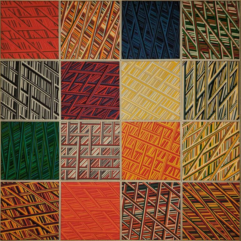 Bernhard Sandfort -- "Farben die sich mischen, Linien, die sich verbinden" – 1974 – Öl auf Karton und Holz – 300 x 300 cm